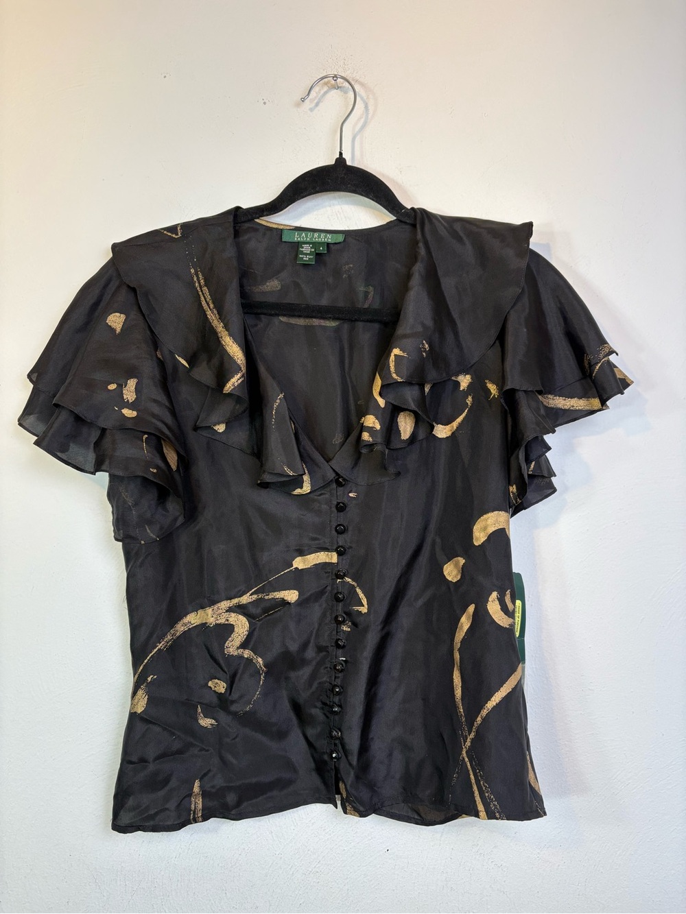NWT Lauren Ralph Lauren 2 Piece 100% silk ruffle gold splash blouse skirt 4/6 S - Picture 16 of 16